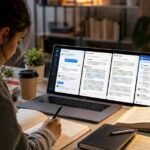 best free AI writing tools for students - AI writing tools workspace for students with laptop showing chatbot, research dashboard, grammar editor, and document summariser in a modern study setup.