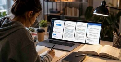 best free AI writing tools for students - AI writing tools workspace for students with laptop showing chatbot, research dashboard, grammar editor, and document summariser in a modern study setup.