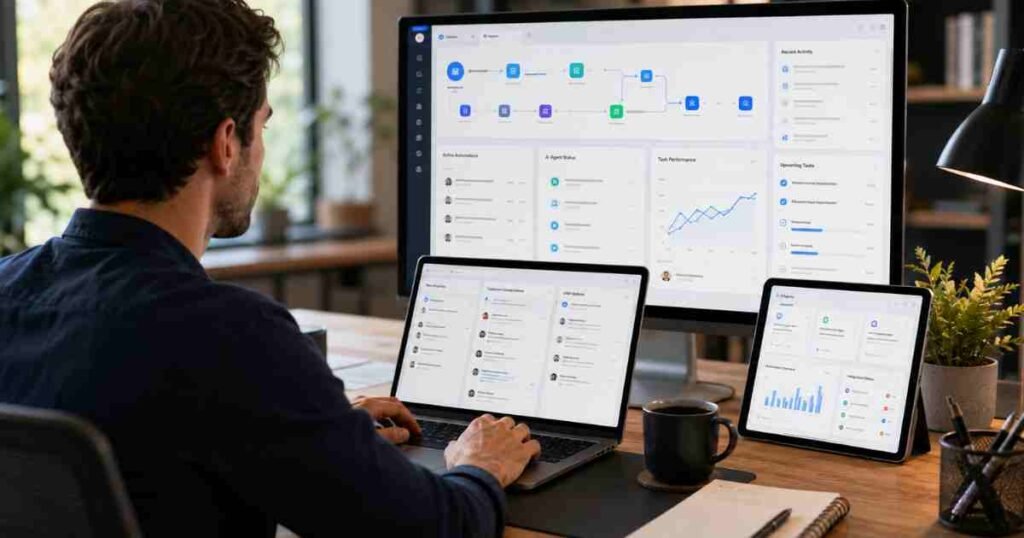 how to automate your business with AI - Small business owner managing AI automation workflows from a modern office workspace