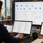 how to automate your business with AI - Small business owner managing AI automation workflows from a modern office workspace