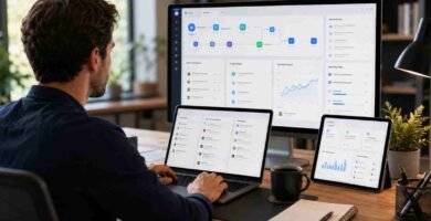 how to automate your business with AI - Small business owner managing AI automation workflows from a modern office workspace