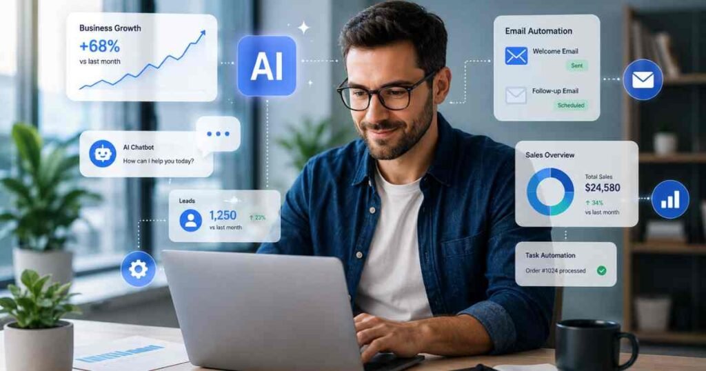Small business owner using AI tools for business growth and automation