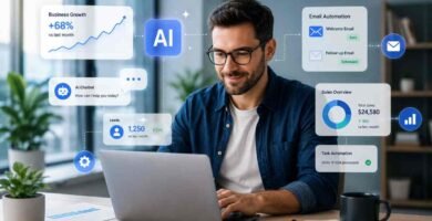 Small business owner using AI tools for business growth and automation