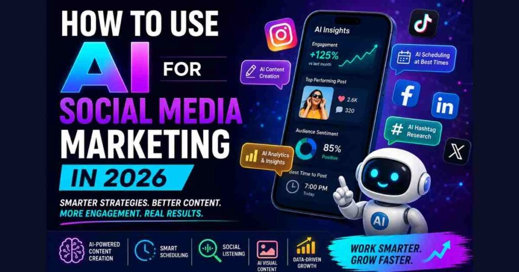 Illustration showing how to use AI for social media marketing in 2026 with AI-powered content creation, scheduling, analytics, and social media management tools.