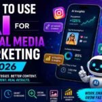 Illustration showing how to use AI for social media marketing in 2026 with AI-powered content creation, scheduling, analytics, and social media management tools.