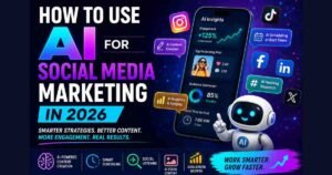 Illustration showing how to use AI for social media marketing in 2026 with AI-powered content creation, scheduling, analytics, and social media management tools.