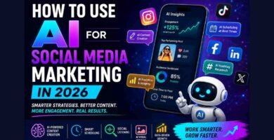 Illustration showing how to use AI for social media marketing in 2026 with AI-powered content creation, scheduling, analytics, and social media management tools.