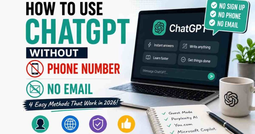 How to use ChatGPT without a phone number or email address in 2026, showing guest mode access and alternative AI tools.