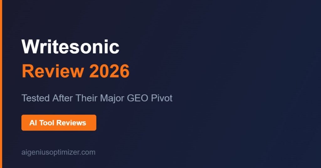 Writesonic review 2026 screenshot showing AI writing and GEO platform