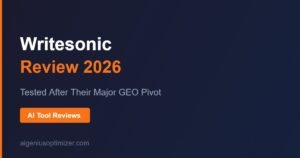 Writesonic review 2026 screenshot showing AI writing and GEO platform